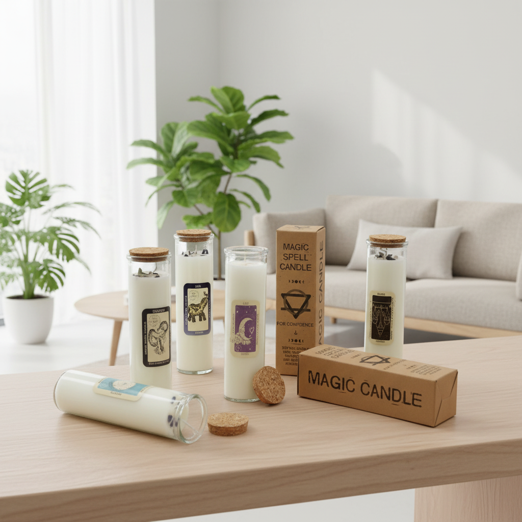 Candles and packaging on a table with a living room background