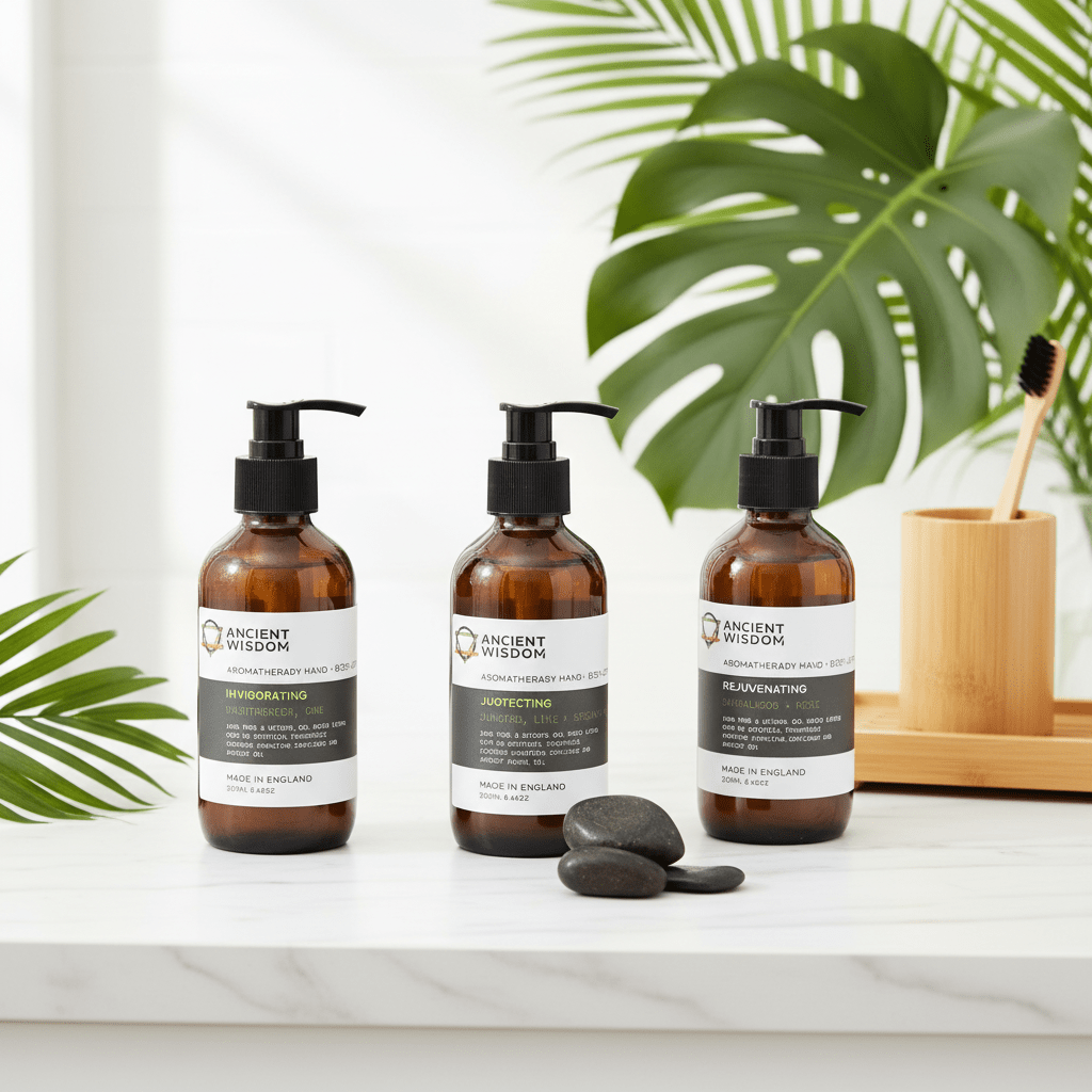 Three bottles of Ancient Wisdom skincare products on a white surface with green leaves in the background.