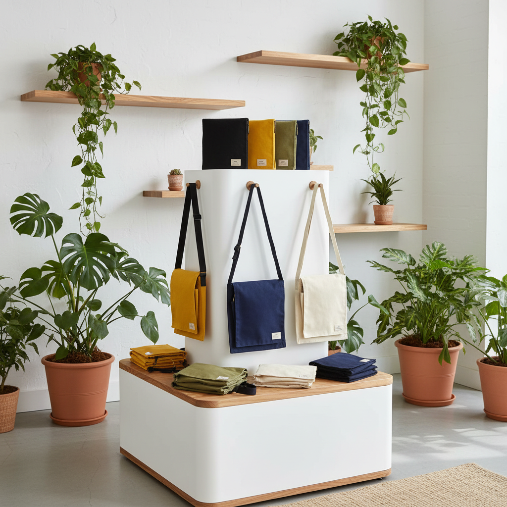 A styled product display of fabric crossbody and shoulder bags in navy, mustard yellow, and cream, arranged on a white pedestal with potted plants and wooden shelves in a bright, modern room.
