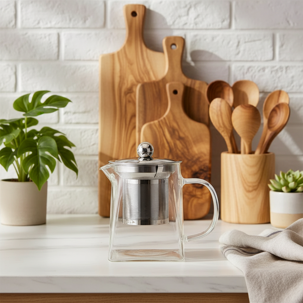 Kitchen counter with wooden cutting boards, glass teapot, and wooden utensils on a white brick wall background.