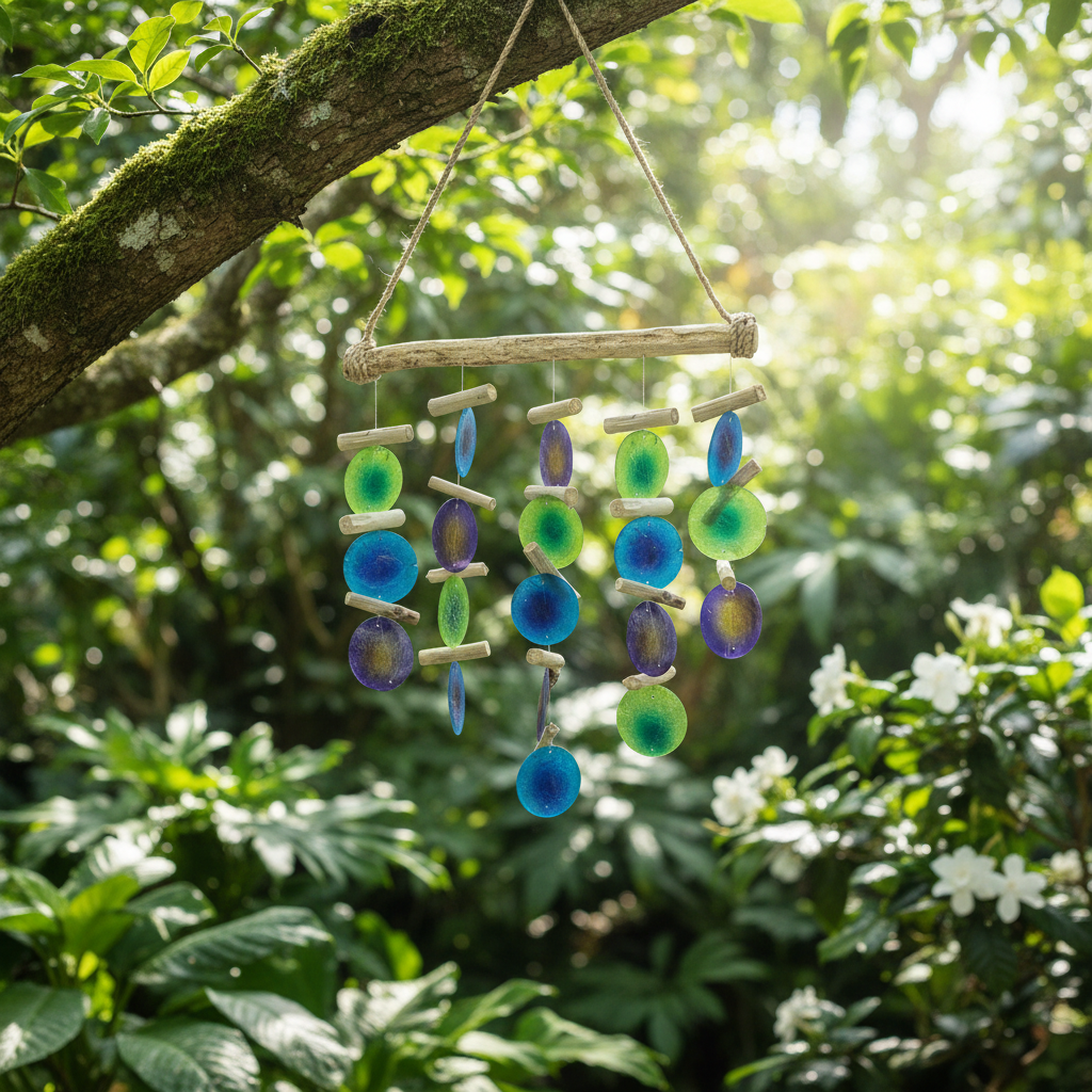 Decorative wind chime with colorful beads hanging from a tree branch in a garden.