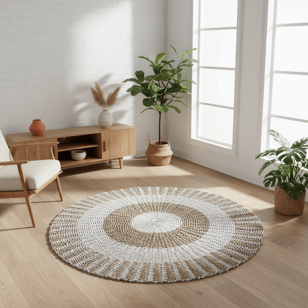 Round woven rug on a wooden floor with a wooden cabinet and plants in a bright room.