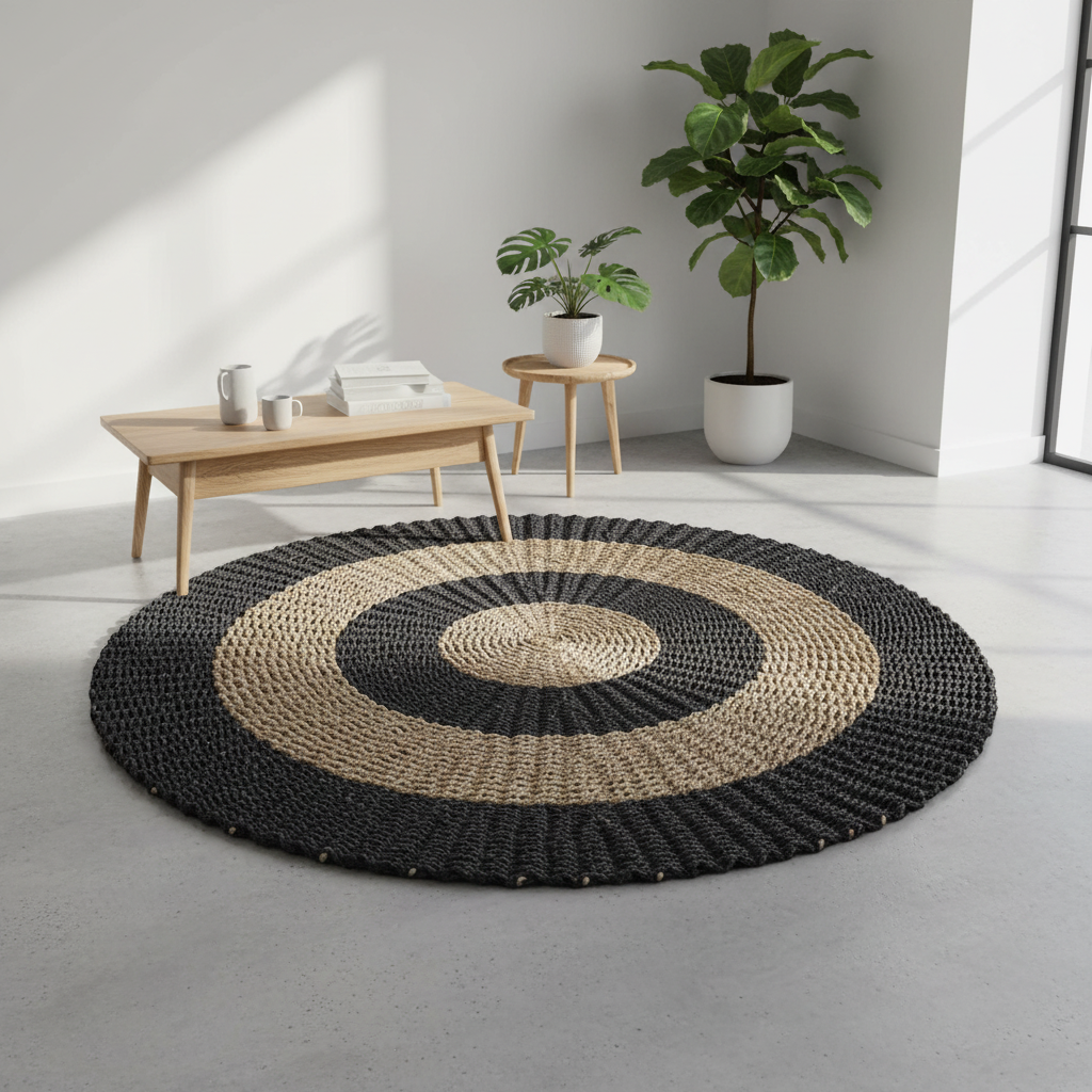 Round jute rug with black and beige concentric circles in a minimalistic room.
