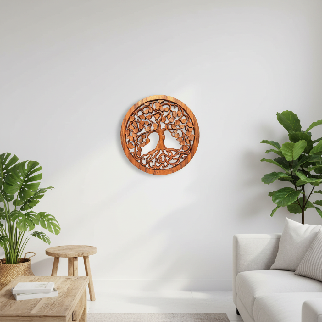 Hand-carved Fairly Traded, Decorative Wooden Panel in a clean white living space with eco-friendly decor.