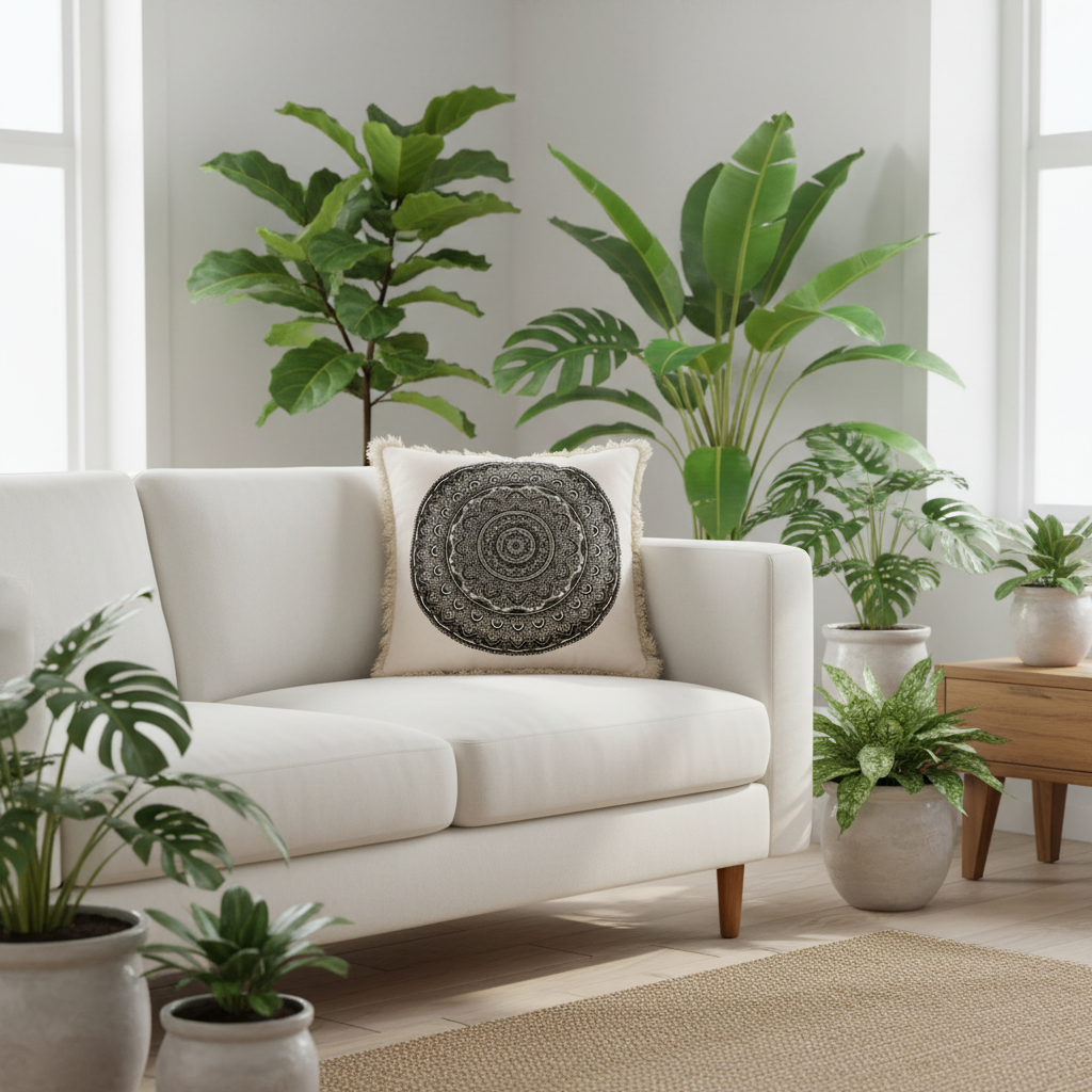 A cream-colored sofa in a bright, modern living room styled with multiple potted green plants and a decorative throw pillow featuring a black mandala pattern on a cream background.