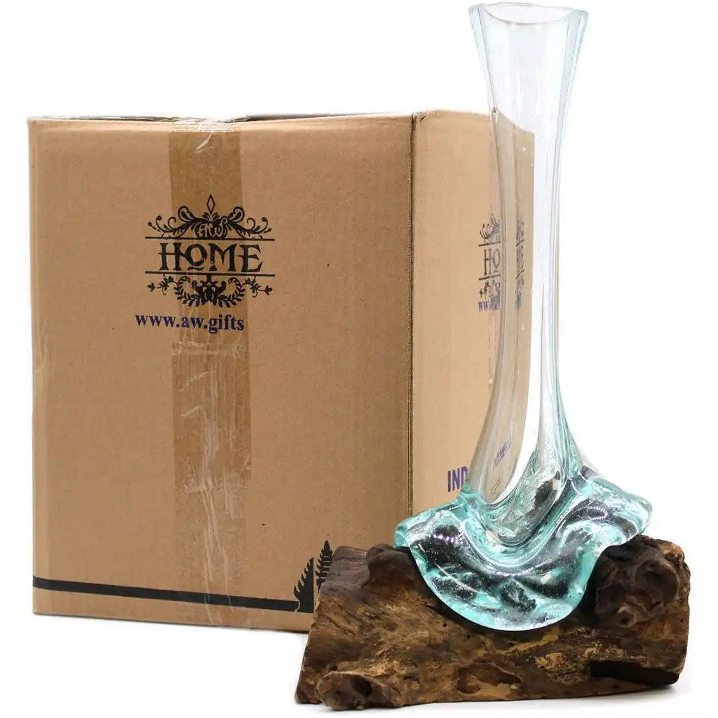 AW Home Handmade Vase - Recycled Molten Glass on a Garmel Root Wood Base Home & Garden > Decor > Vases > Glass Vases > Handmade Glass Vases > Eco-Friendly Recycled Glass Vases emmy-jane-boutique.myshopify.com