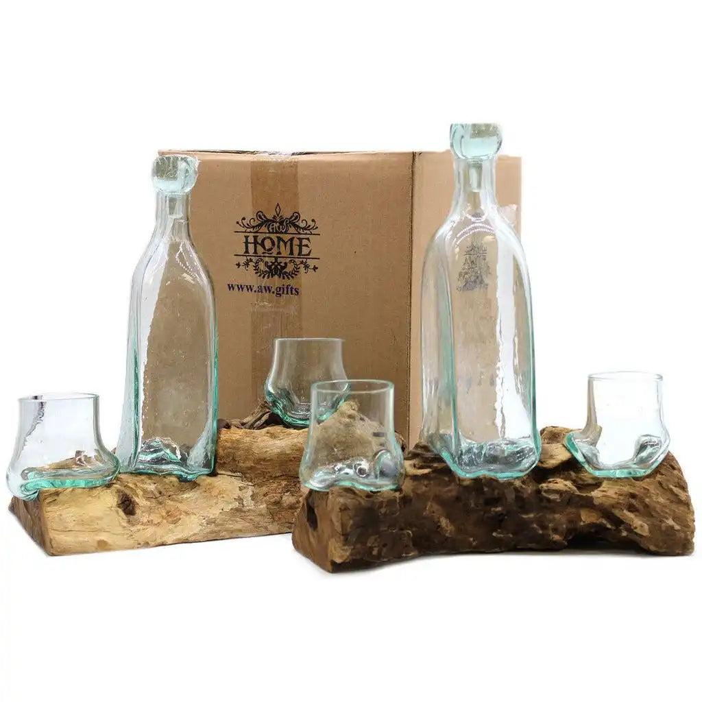 AW Home Whisky Set - Balinese Handcrafted with Recycled Molten Glass & Gamal Wood Home & Garden > Kitchen & Dining > Barware > Decanters > Decanter Sets > Whisky Sets > Balinese Handcrafted with Recycled Molten Glass & Gamal Wood emmy-jane-boutique.myshopify.com