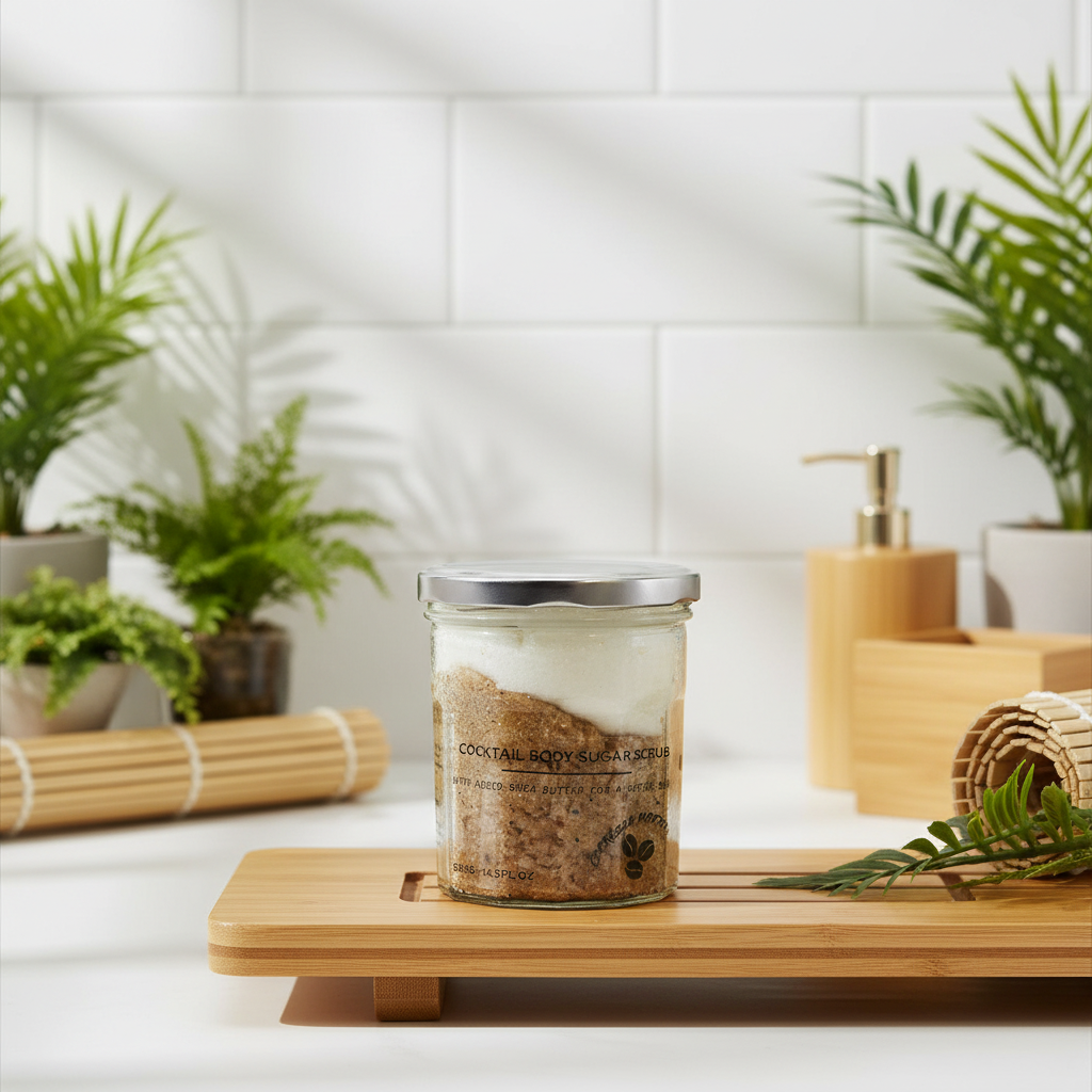 A jar of coffe sugar scrub, In a modern white bathroom, with bamboo wood, eco-friendly decor, and exotic green plants.
