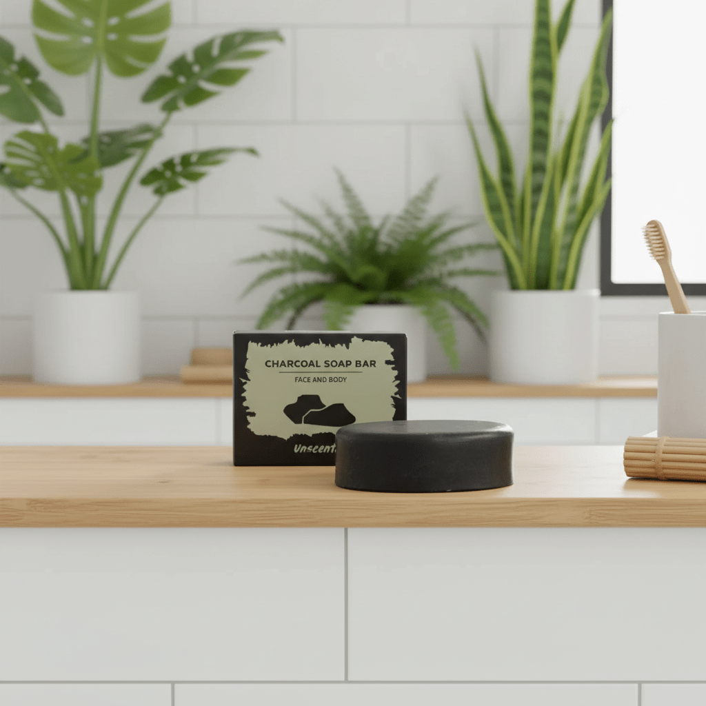 Charcoal soap bar with packaging on a wooden surface with plants in the background