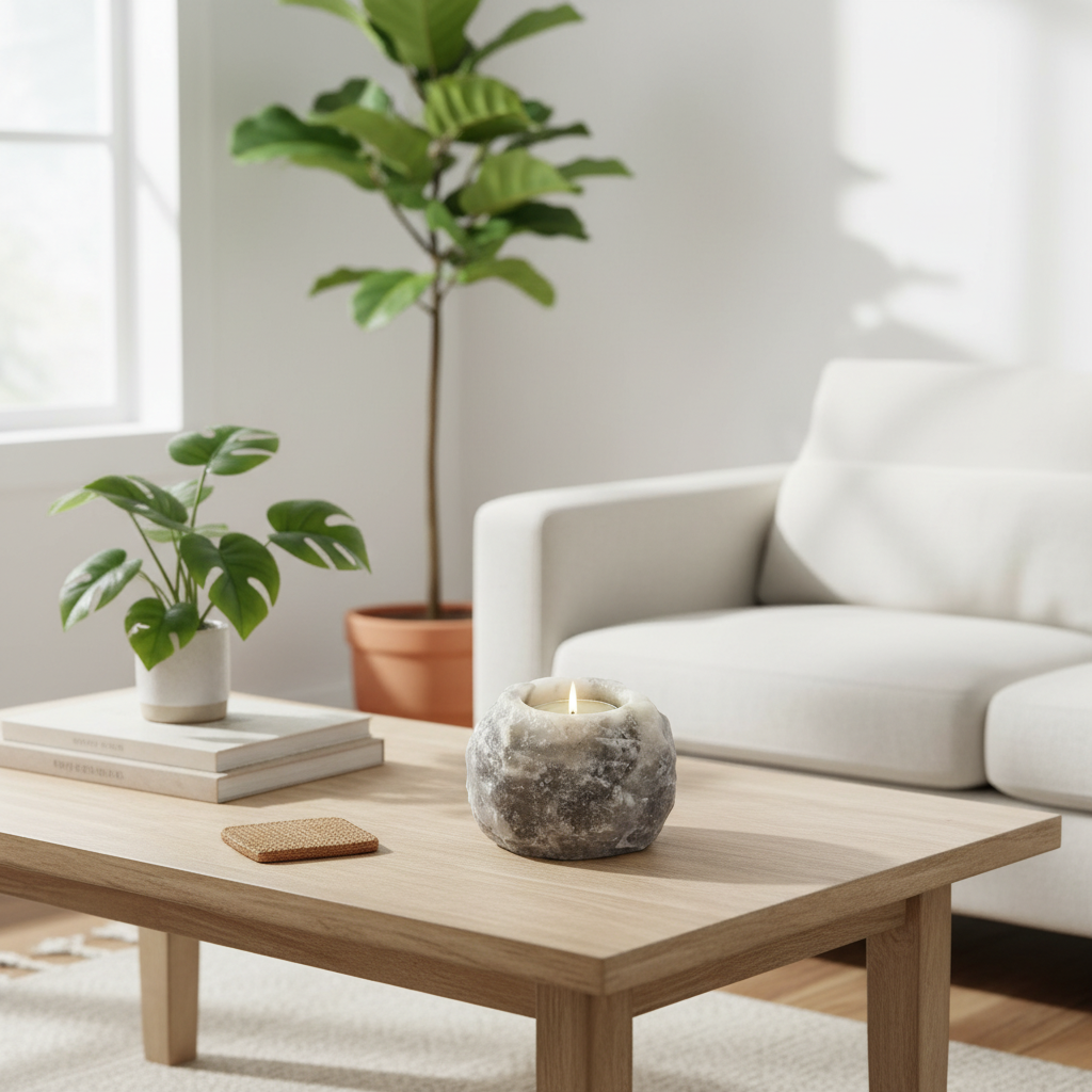 Modern living room with a wooden coffee table, white sofa, and potted plants.