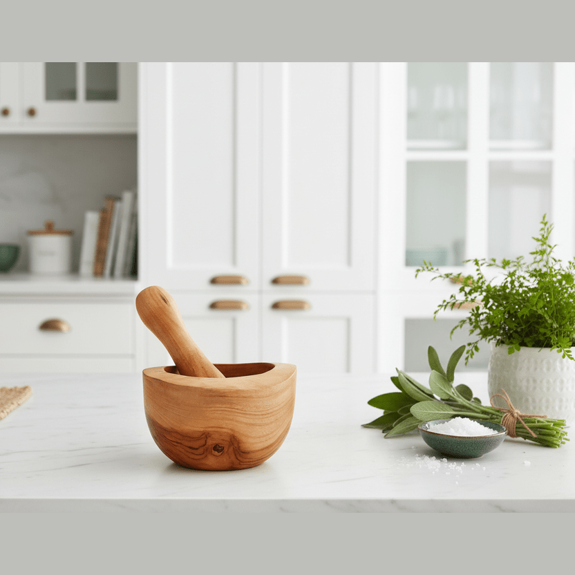 Wooden mortar and pestle on a kitchen counter with plants and cabinets in the background