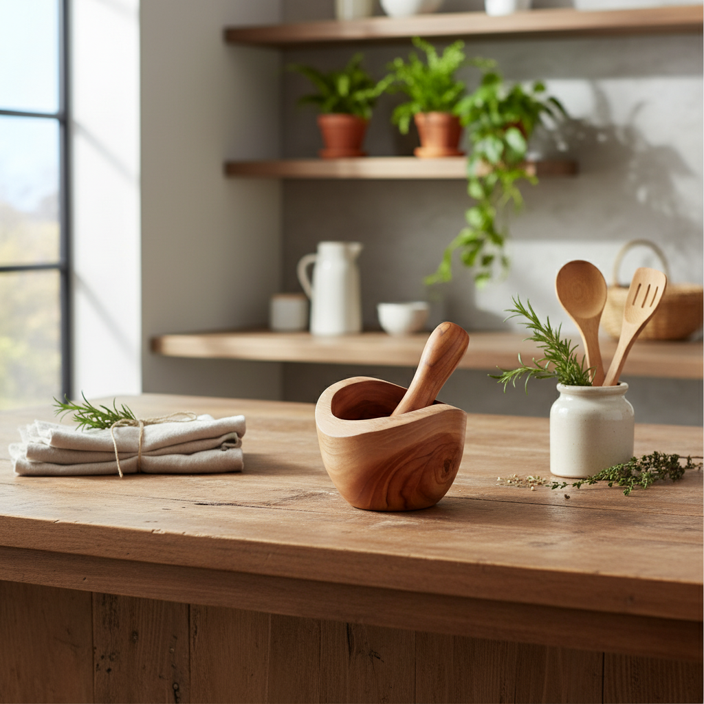 Wooden mortar and pestle on a kitchen counter with plants and shelves in the background