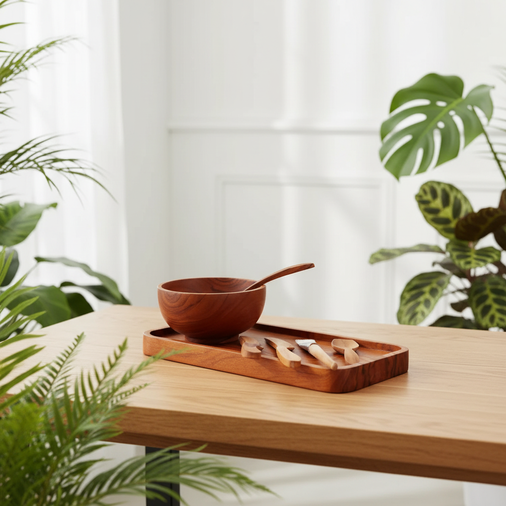 A warm brown wooden bowl with a matching spoon rests on a rectangular wooden tray on a light wood table, surrounded by green houseplants in a bright, softly lit interior.