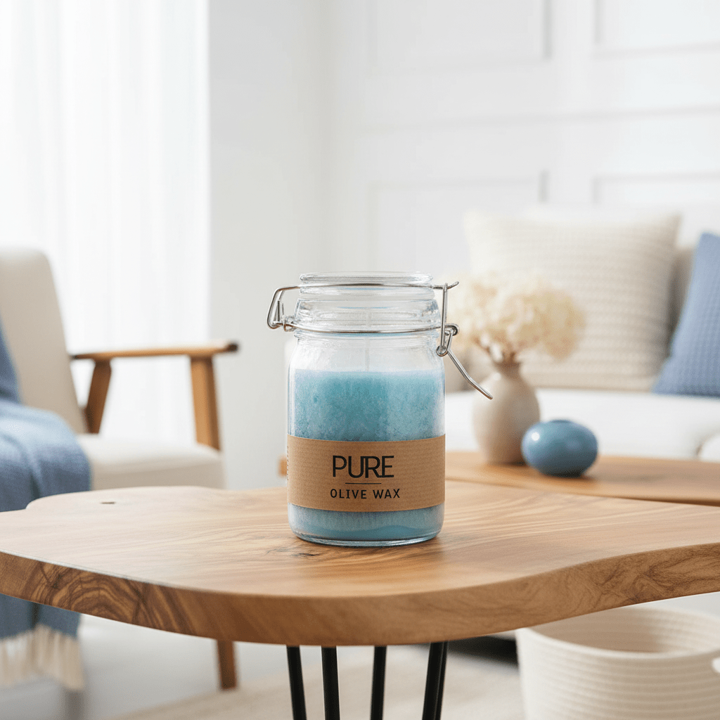 Blue Jar Candle made from Pure Olive Wax on a wooden table in a living room setting