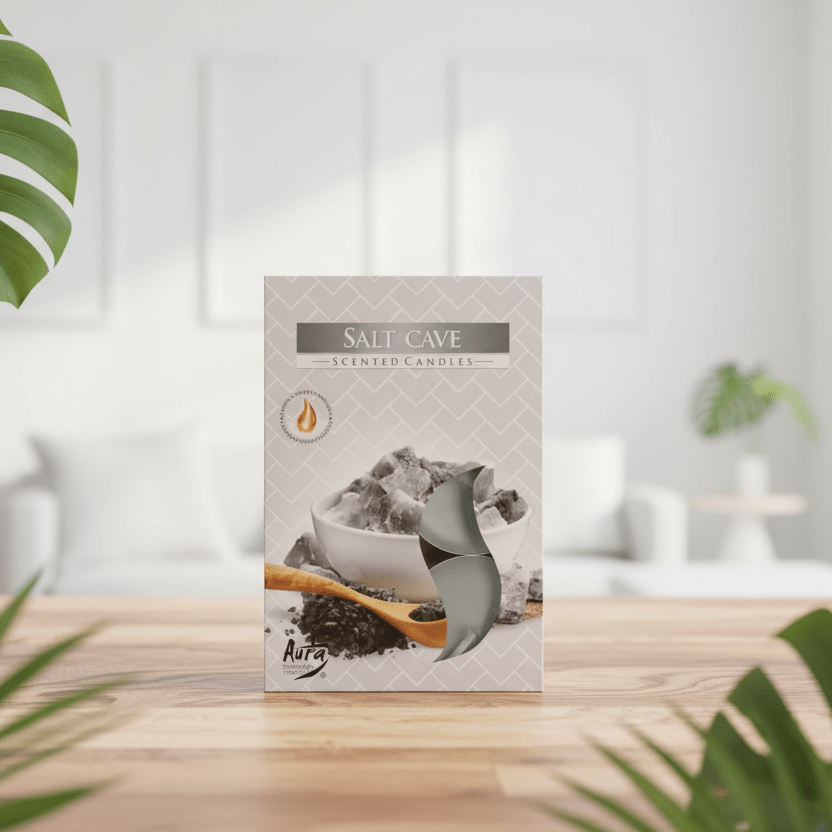 Tealight Candles 'Salt Cave' on a wooden surface with plants in the foreground