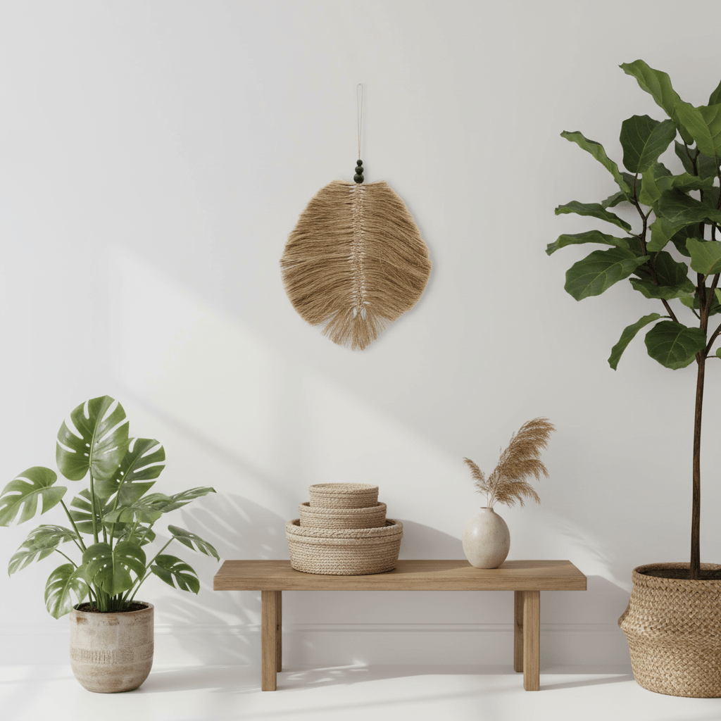 Nest of woven baskets on a wooden bench with plants and decorative items against a white wall.