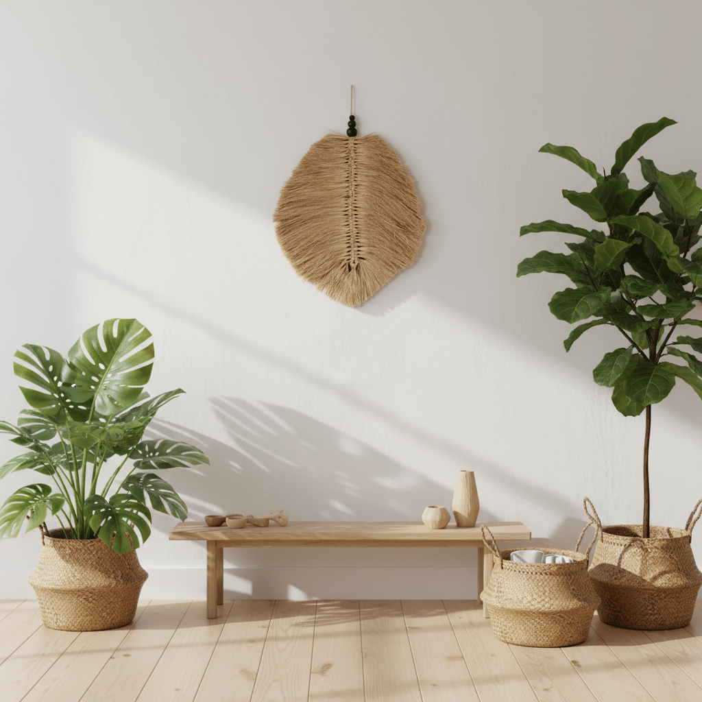 Nautical-themed room with a wooden bench, leaf-shaped plant hanger, and decorative items.