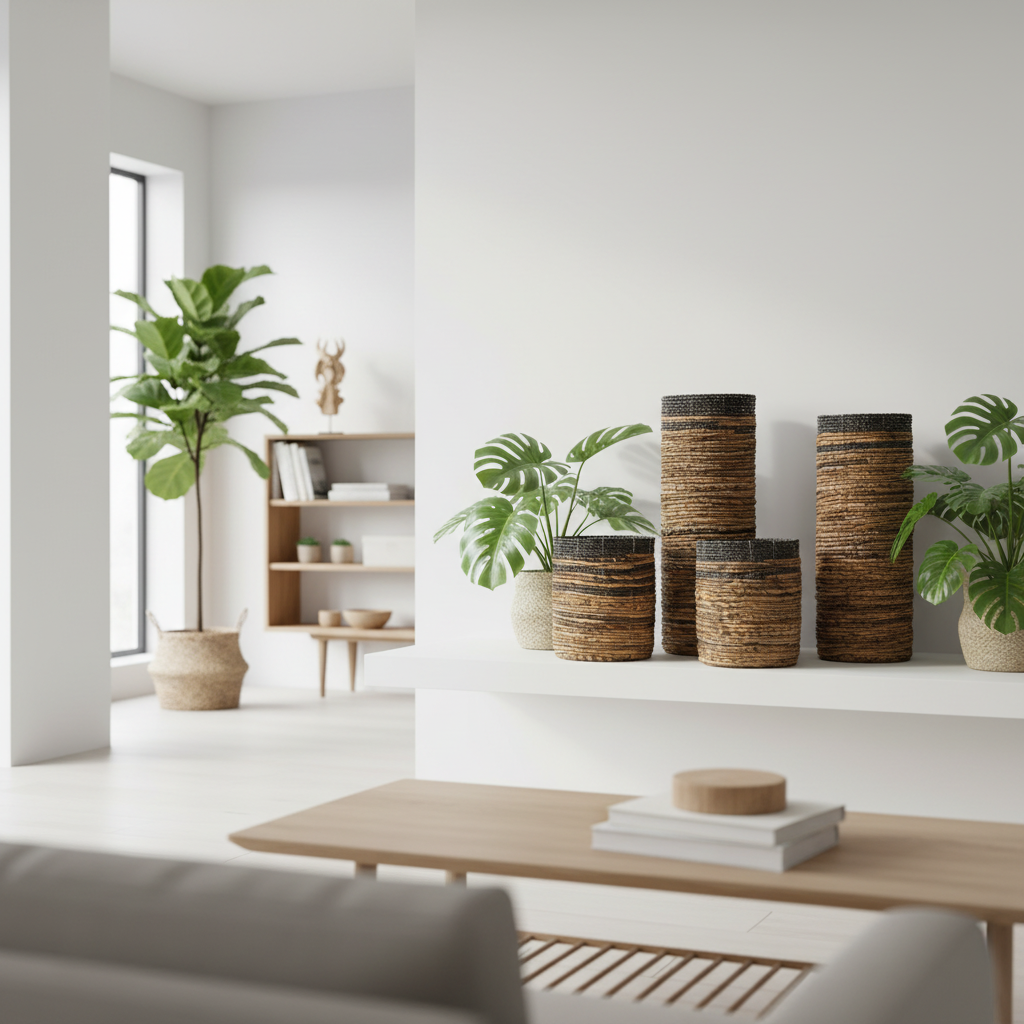 Modern living room with plants and decorative items on a shelf