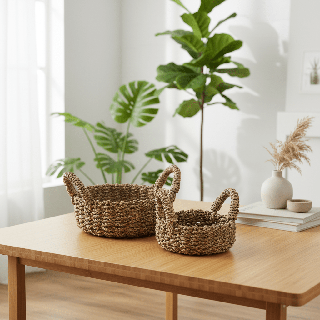 Two woven baskets on a wooden table with plants in the background