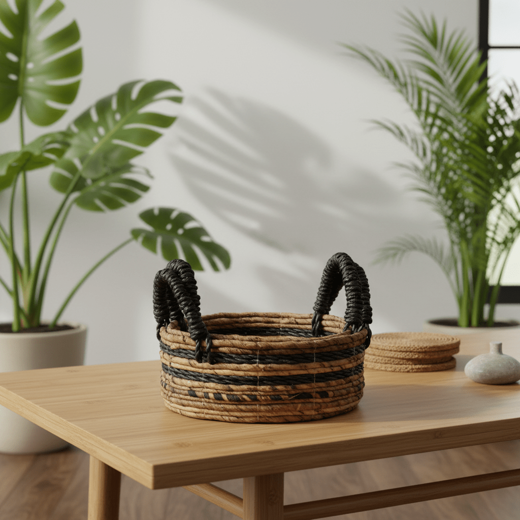 Woven basket with black handles on a wooden table with plants in the background