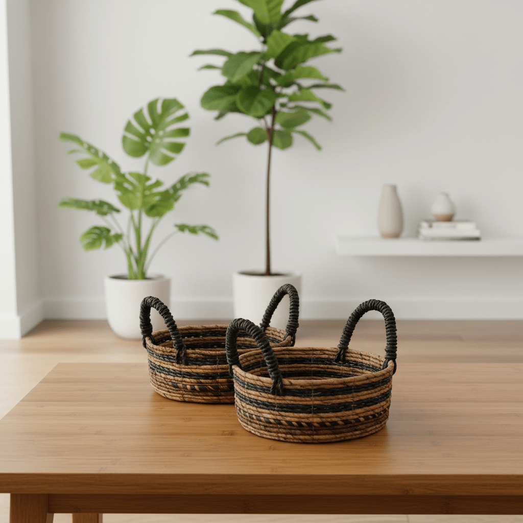 Two woven baskets on a wooden table with plants in the background