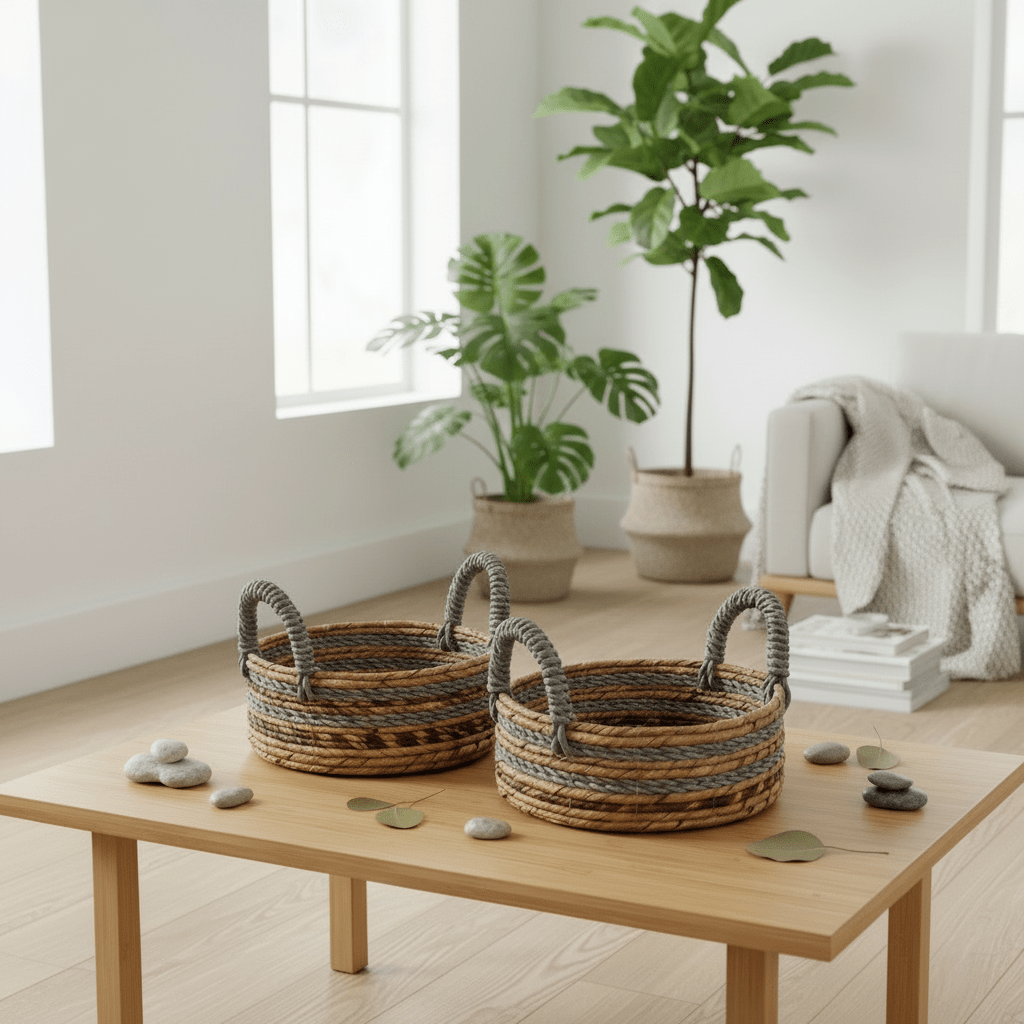 Two woven baskets on a wooden coffee table with decorative stones and a plant in the background.