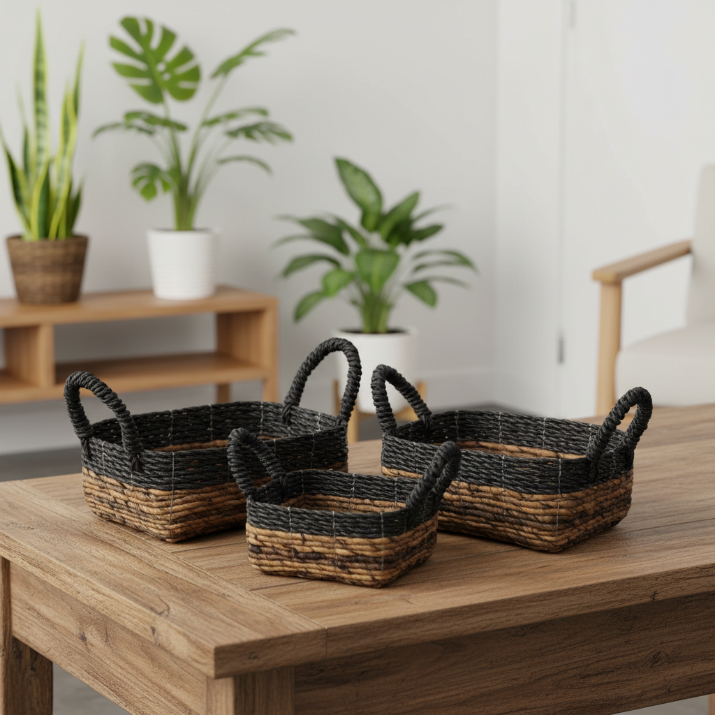 Three woven baskets on a wooden table with plants in the background
