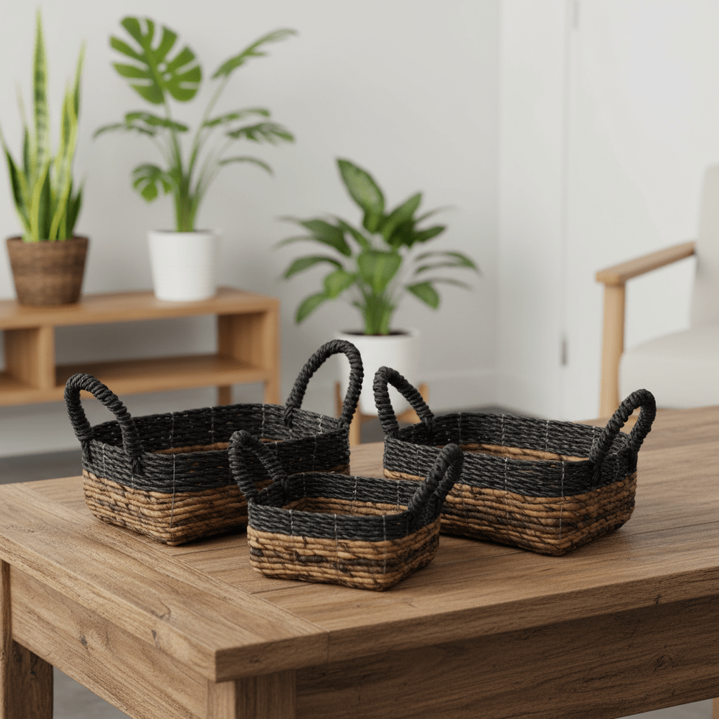 Three woven baskets on a wooden table with plants in the background