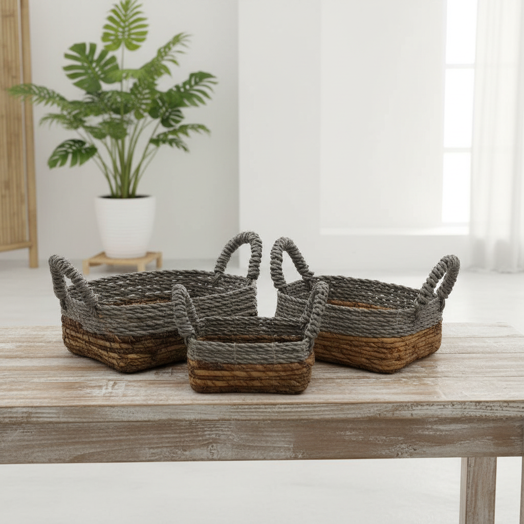 Three woven baskets on a wooden table with a plant in the background