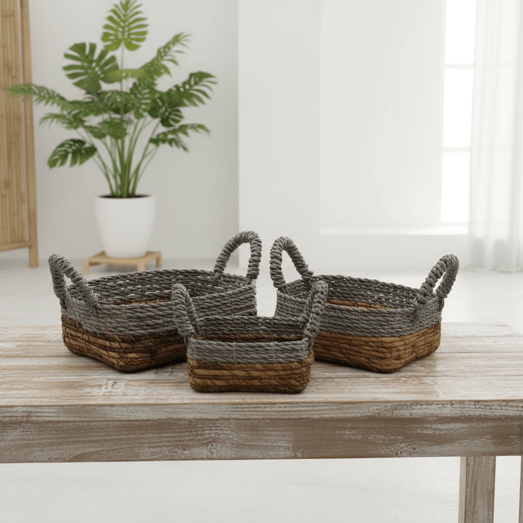 Three woven baskets on a wooden table with a plant in the background