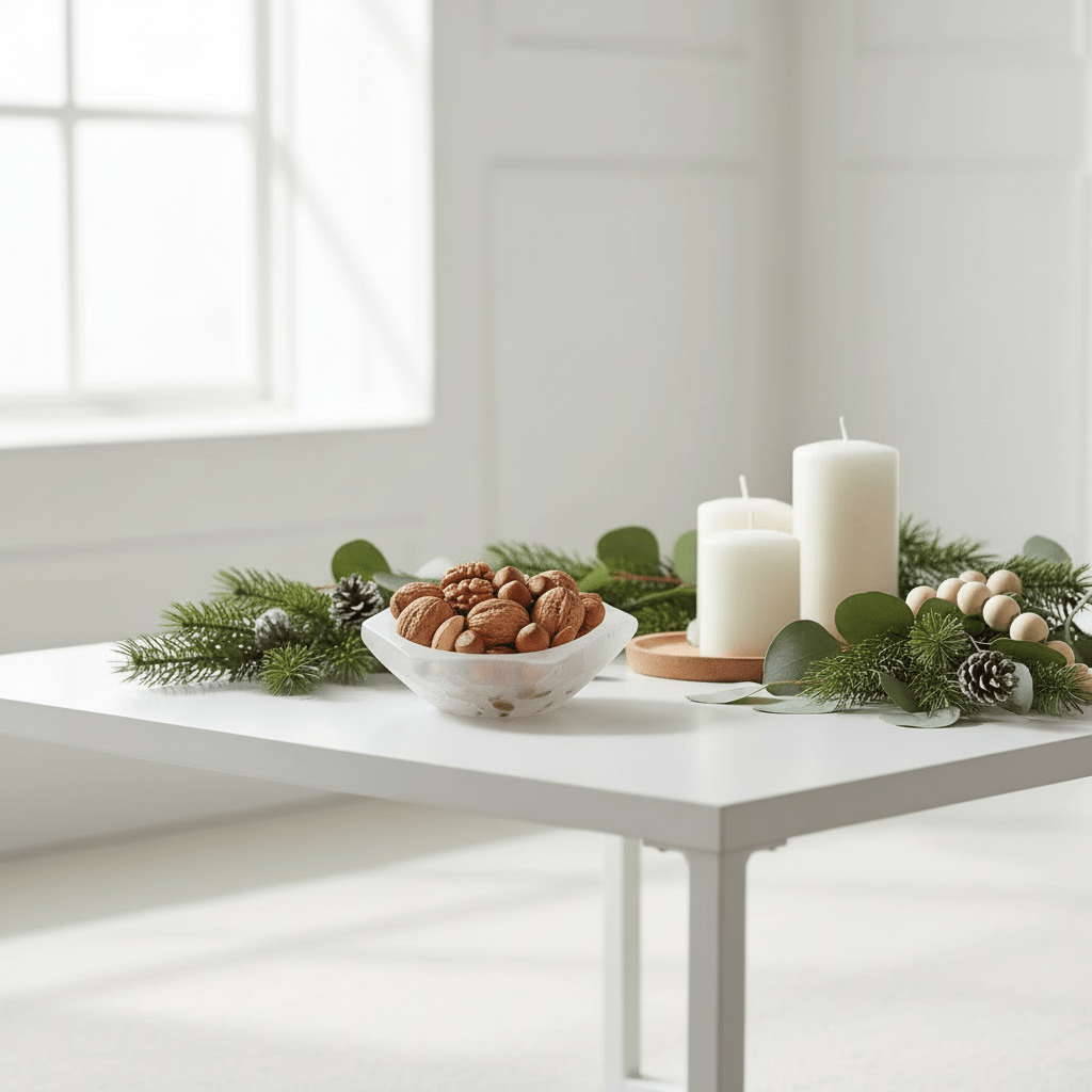 Decorative setup with candles, nuts in a beautiful white bowl, and greenery on a white table.