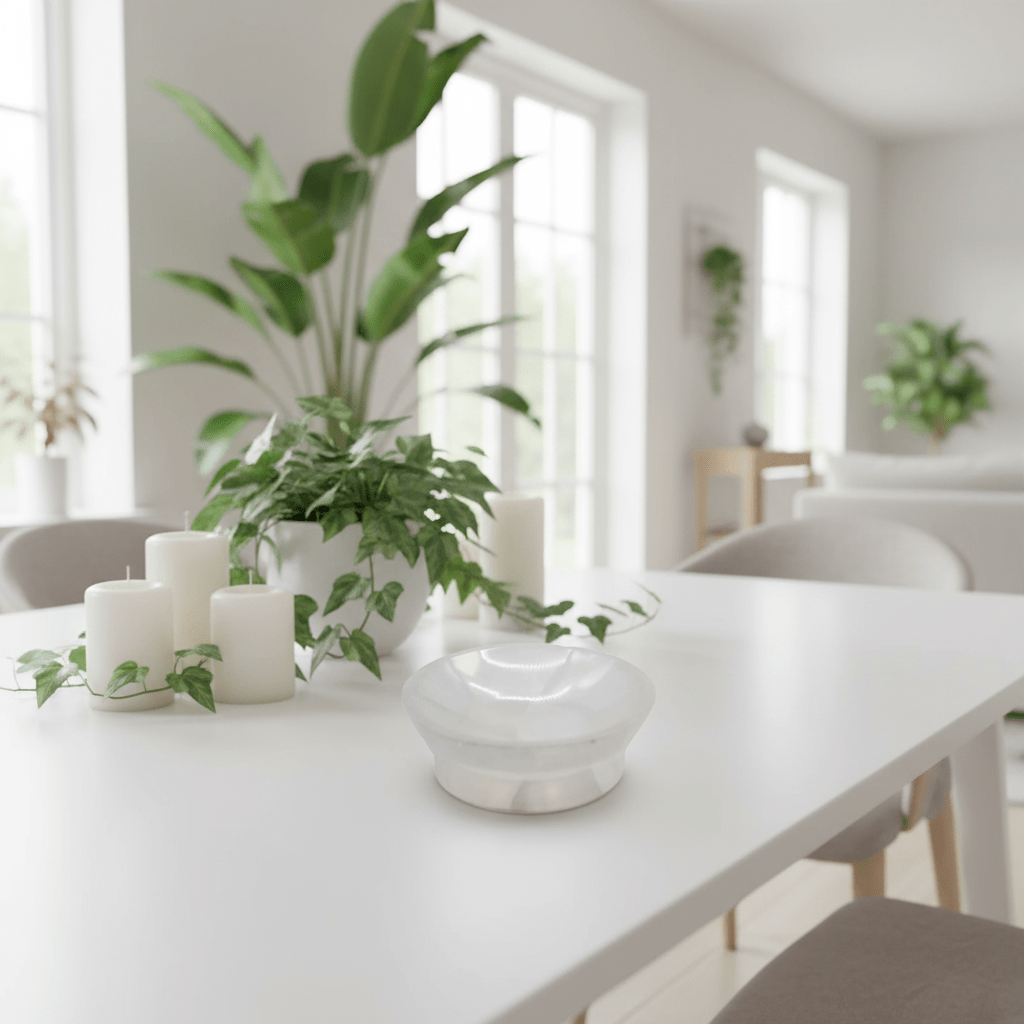 White dining table with candles, white bowls and potted plants in a bright room