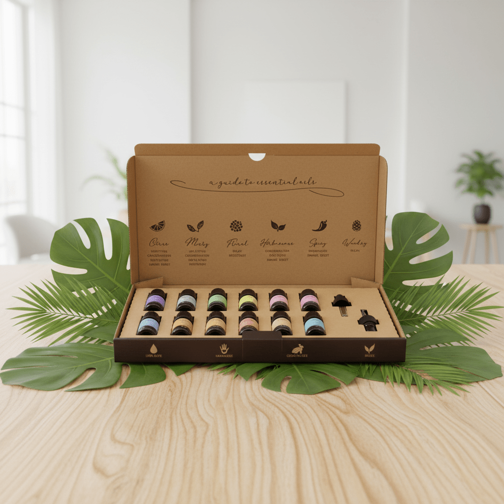 Set of essential oil bottles in an open box with a guide on a wooden surface with green leaves.