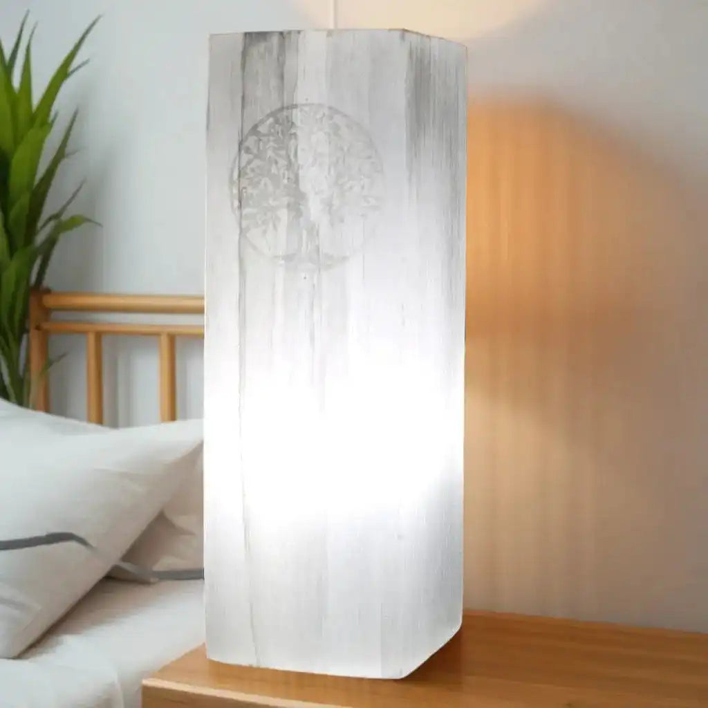 Emmy Jane Natural Selenite Stone Block Lamp - Tree of Life or Chakra - Fairly Traded Home & Garden > Lighting > Lamps > Natural Selenite Lamps emmy-jane-boutique.myshopify.com