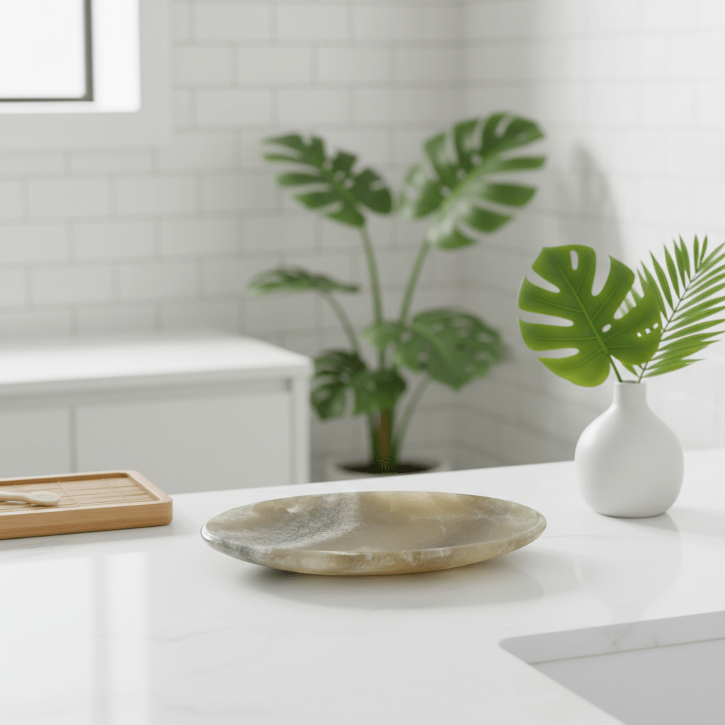Decorative soap dish on a white surface, in a modern white bathroom with a plant and a vase in the background.