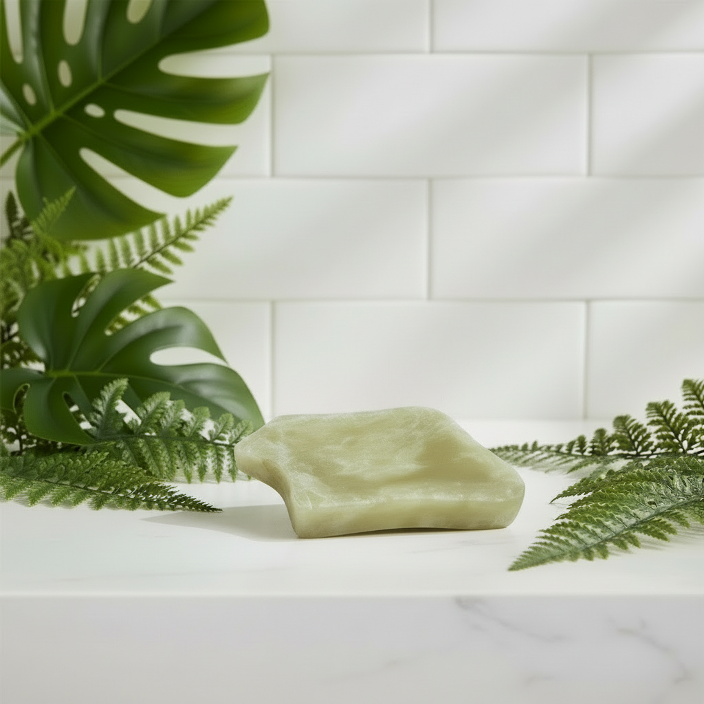 An onyx soap dish on a white surface with green leaves in the background