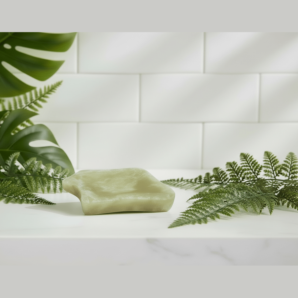 An onyx soap dish on a white surface with green leaves in the background