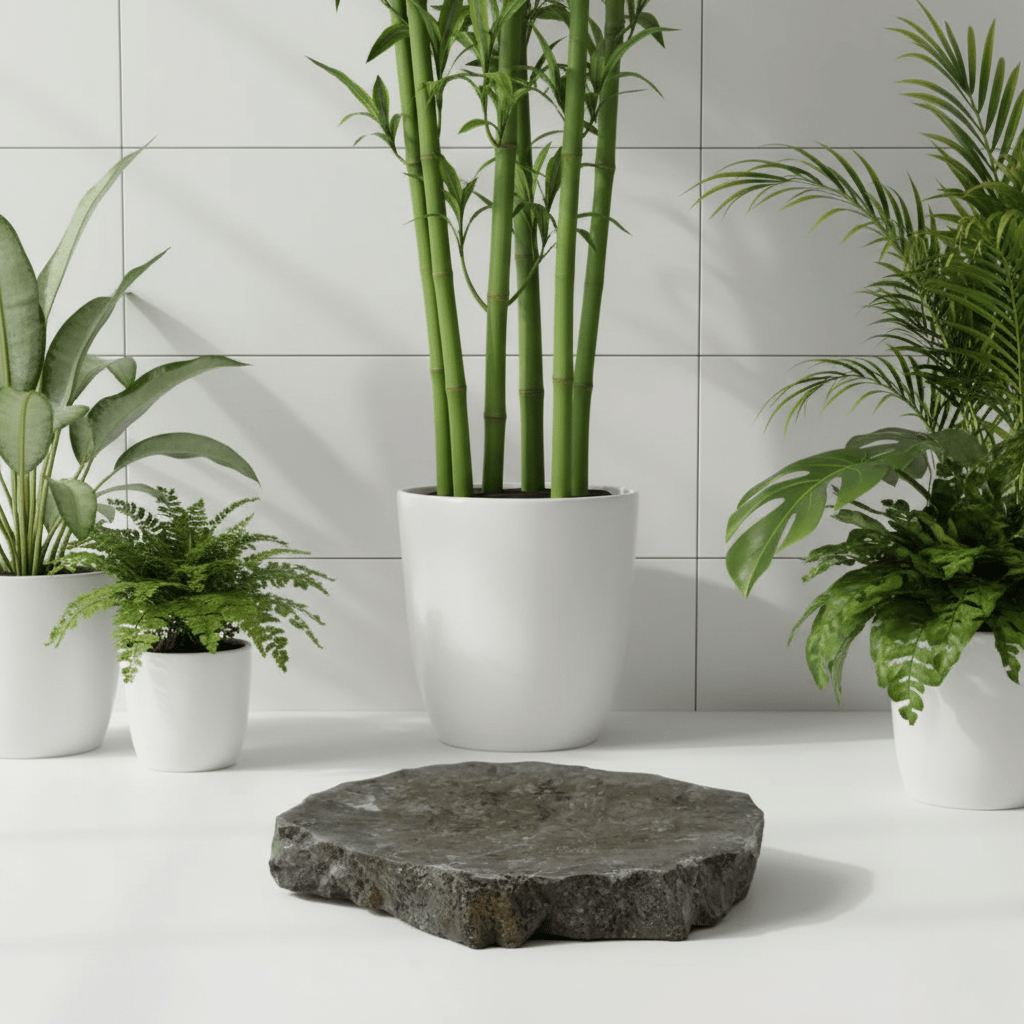 A raw-edge marble soap dish with exotic plants on a white surface with a tiled wall background
