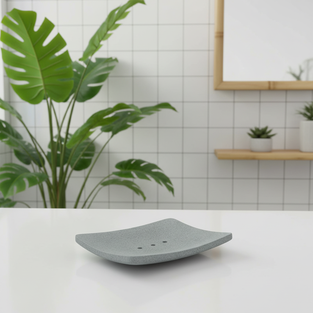 Gray soap dish on a white surface with a plant and tiled wall in the background