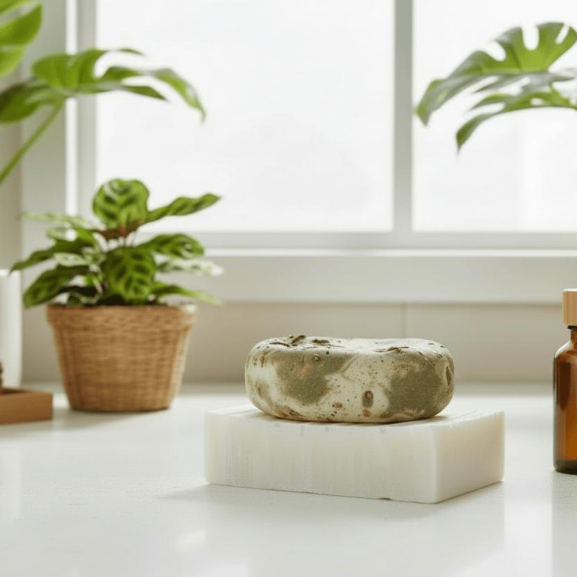 An onyx soap dish in a bathroom with green plants and bamboo wood acessories