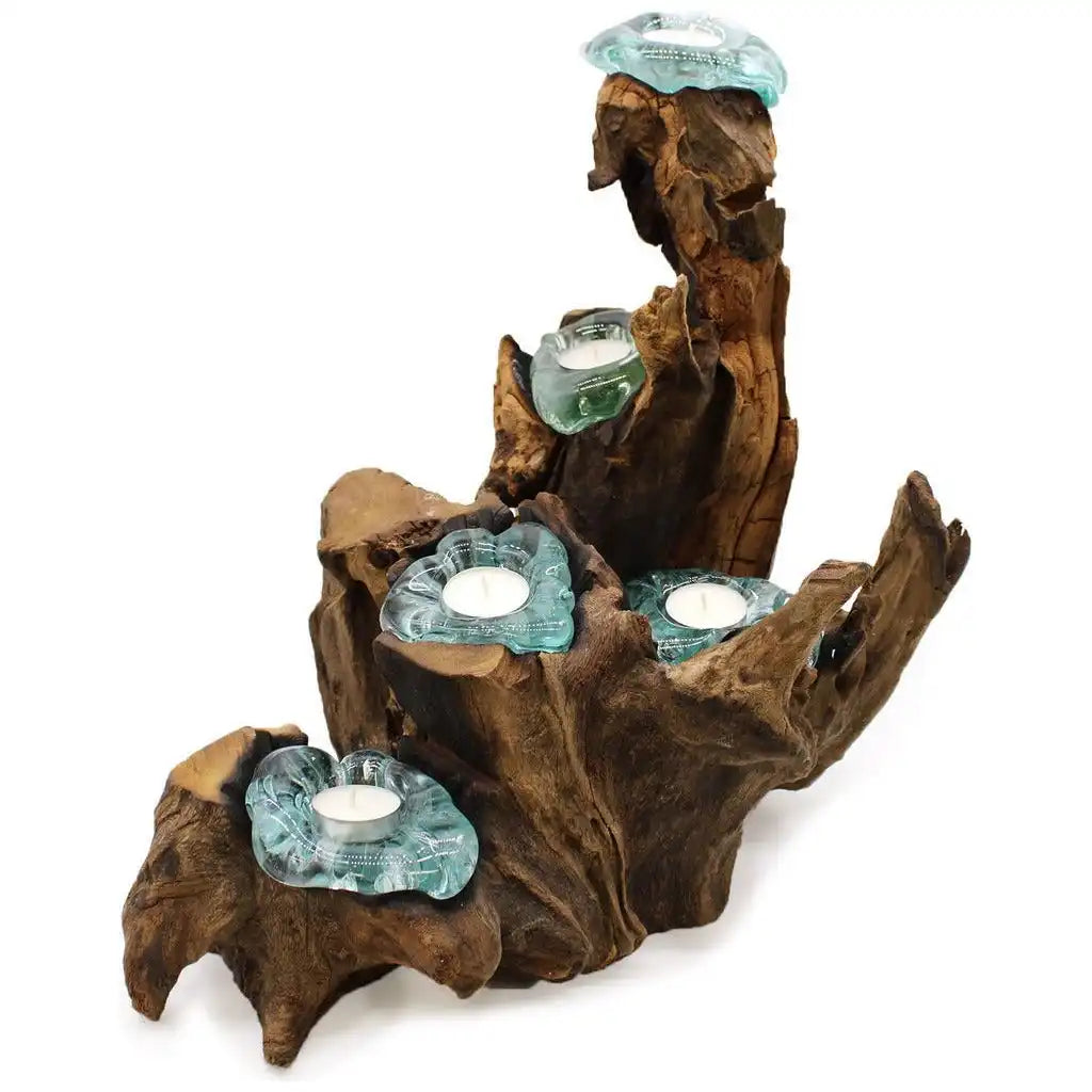 Ancient Wisdom Candle Holder Handmade Tealight Holder - Recycled Molton Glass on Gamel Wood Home & Garden > Decor > Home Fragrance Accessories > Candle Holders emmy-jane-boutique.myshopify.com