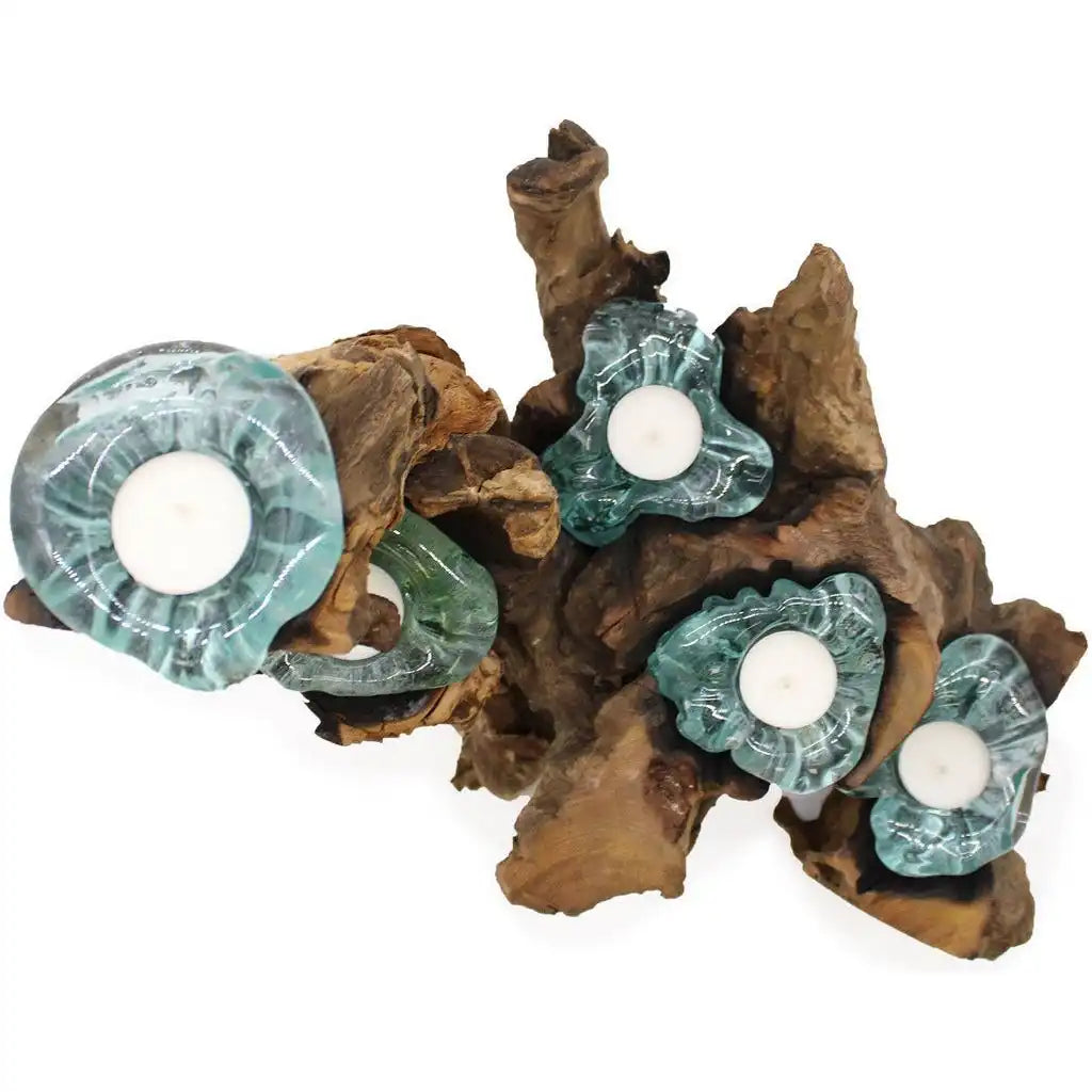 Ancient Wisdom Candle Holder Handmade Tealight Holder - Recycled Molton Glass on Gamel Wood Home & Garden > Decor > Home Fragrance Accessories > Candle Holders emmy-jane-boutique.myshopify.com