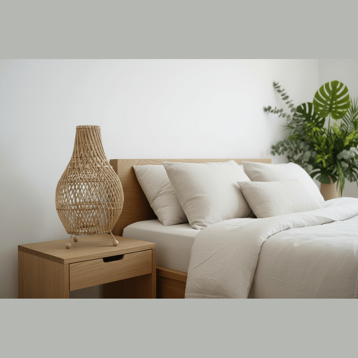 Bedroom with a wooden nightstand, lamp, and bed with white bedding.