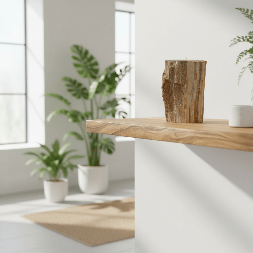 A natural candle holder on a wooden shelf in a white living space, with green plants.