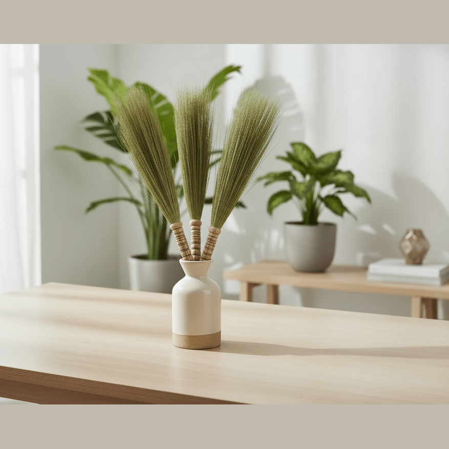 Four brooms on a wooden surface with plants in the background
