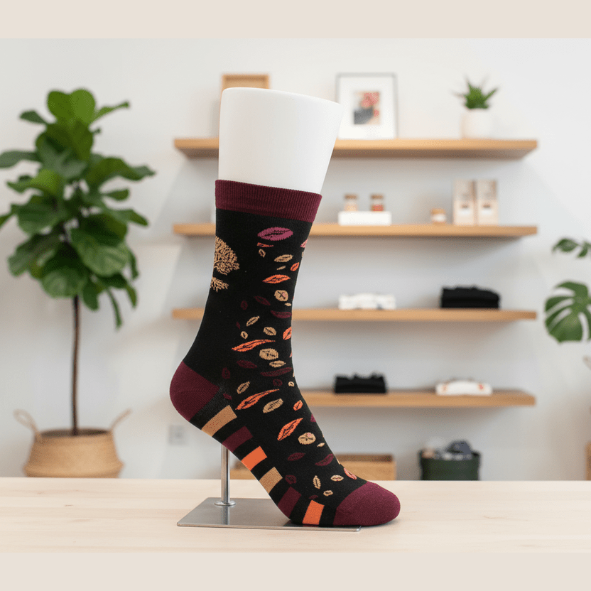 Colourful patterned sock on a stand with a shelf and plants in the background