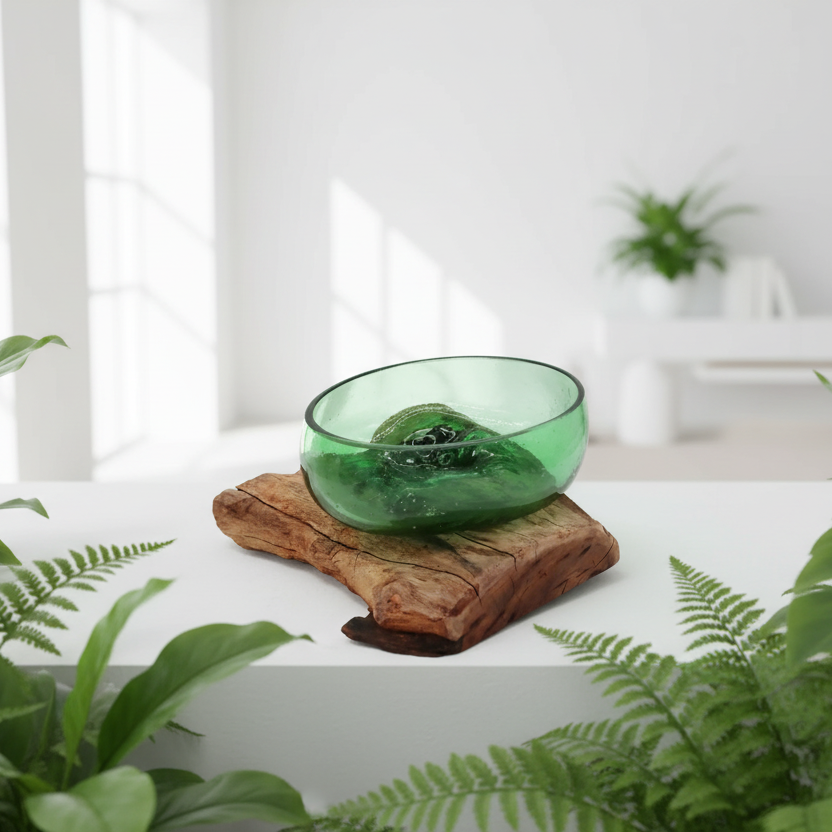 Green glass bowl on a wooden stand with plants in a bright room
