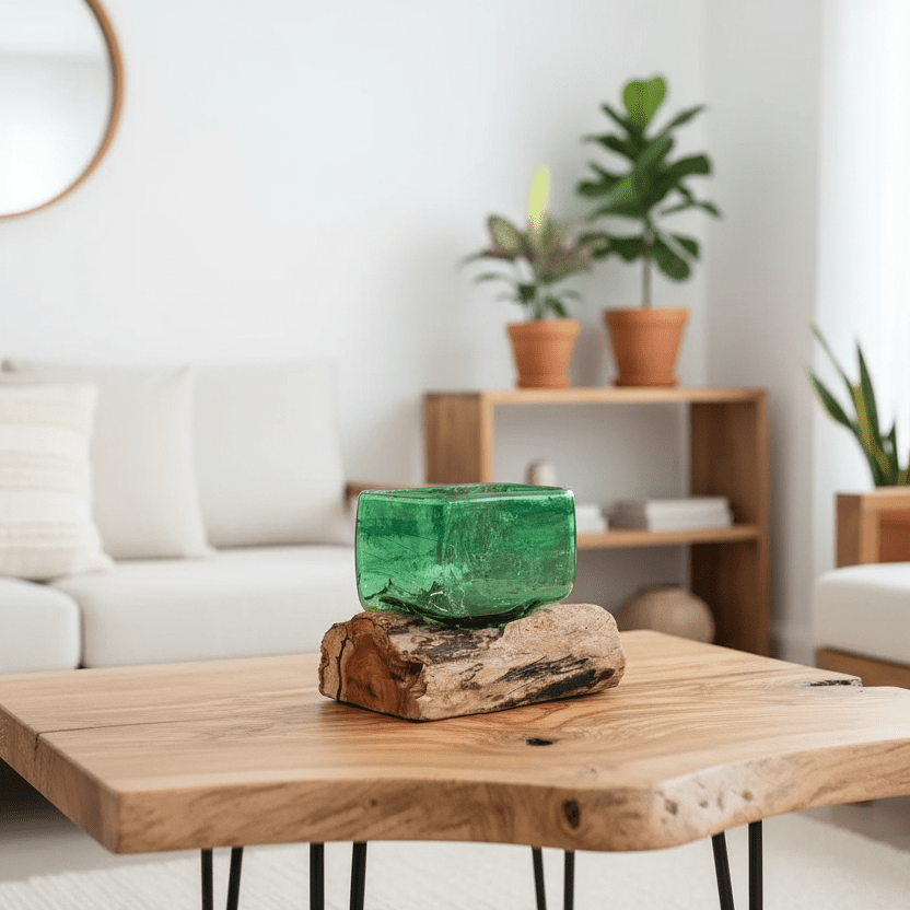 Green glass bowl on a wooden table in a living room setting