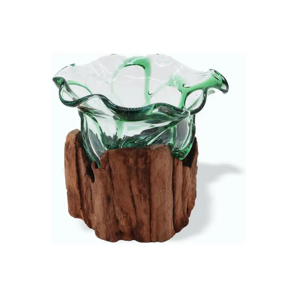 AW Home Eco-Friendly Decorative Bowl Green - Recycled Beer Bottle Glass on Wood Stand Home & Garden > Decor > Decorative Bowls > Green Glass Bowl > Recycled Beer Bottles Molton Glass on a Sustainable Wood Base Bowls emmy-jane-boutique.myshopify.com