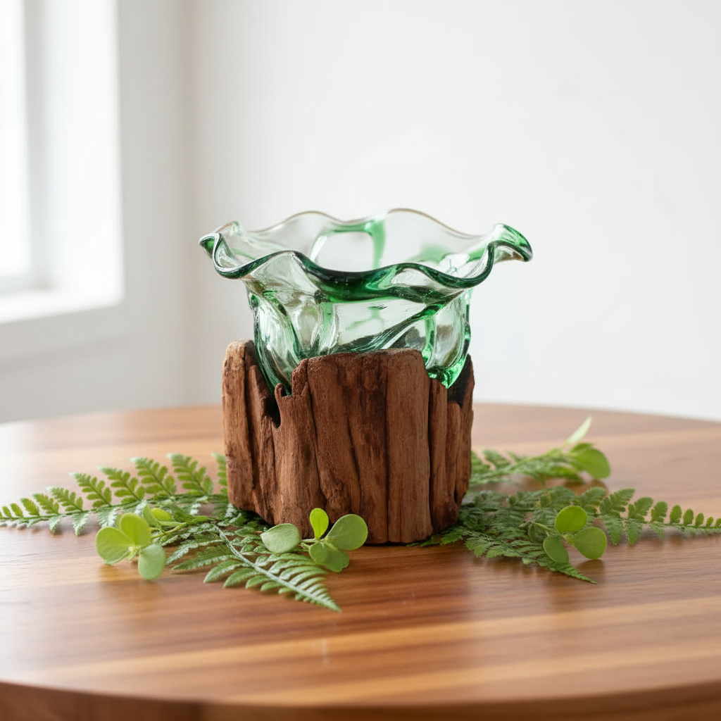 A green glass bowl with a wavy rim sits on a rustic brown wood base, styled on a wooden table with green eucalyptus leaves in a bright indoor setting.